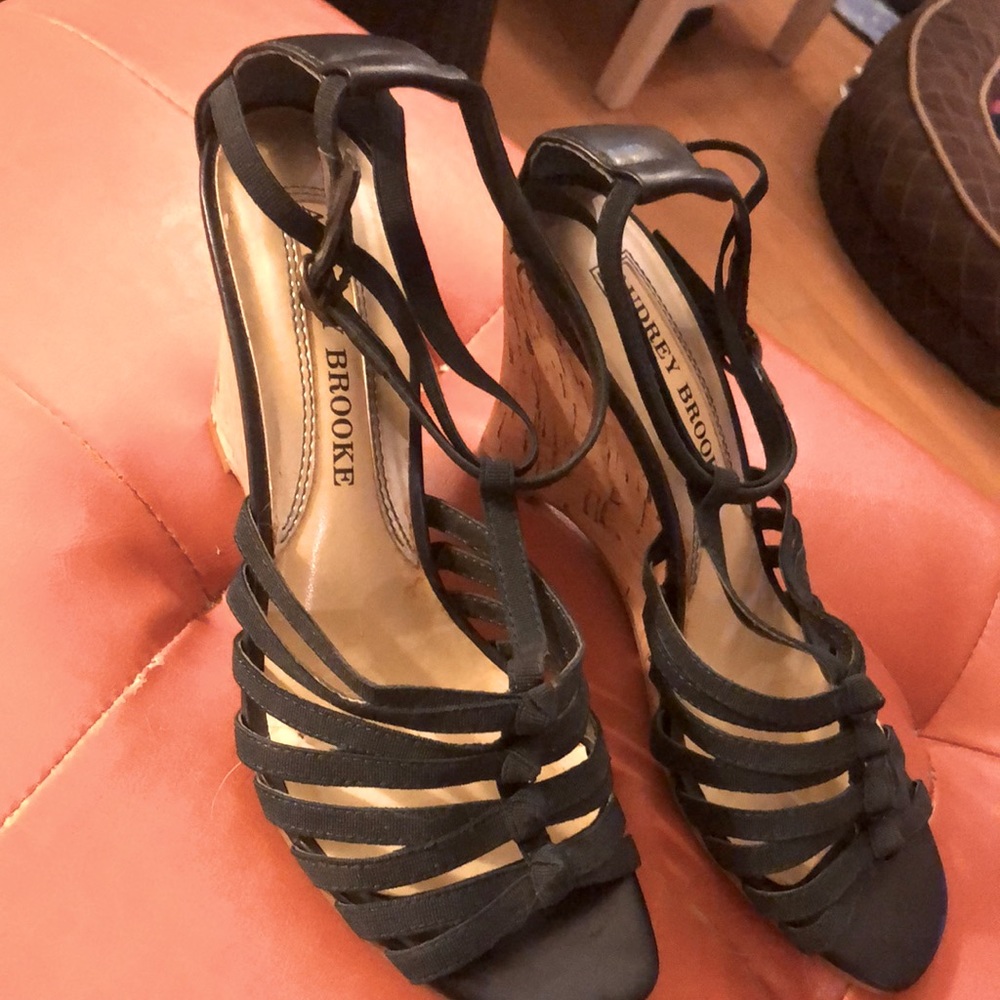 Black Strappy Sandals with Cork Wedge Heels